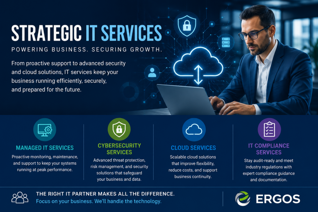 Business technology professional working on a laptop with visual representations of managed IT services, cybersecurity, cloud computing, and IT compliance solutions.